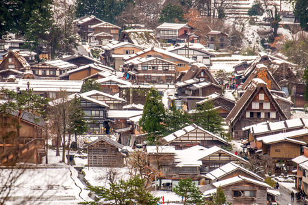 GIFU, JAPAN - NOVEMBER 26 : Gassho-zukuri house unique architecture in Shirakawa village, the UNESCO World heritage place, in early winter season in Gifu, Japan, on November 26, 2017.のeditorial素材