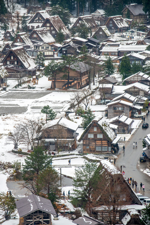 Gassho-zukuri house unique architecture in Shirakawa village, the UNESCO World heritage place, in early winter season in Gifu, Japanのeditorial素材