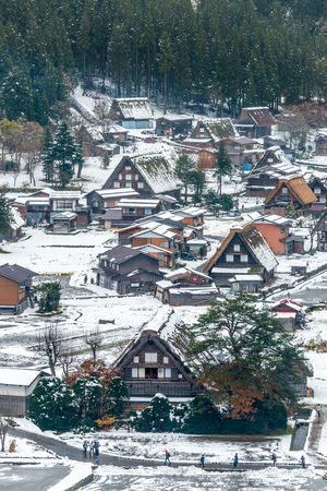 Gassho-zukuri house unique architecture in Shirakawa village, the UNESCO World heritage place, in early winter season in Gifu, Japanのeditorial素材