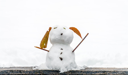 Hand made snowman, built with leaf and branch, at outdoor snow field in early winter season in Japanの写真素材