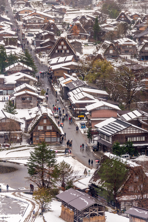 Gassho-zukuri house unique architecture in Shirakawa village, the UNESCO World heritage place, in early winter season in Gifu, Japanのeditorial素材