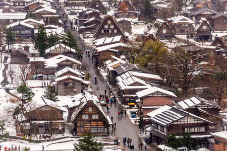 Gassho-zukuri house unique architecture in Shirakawa village, the UNESCO World heritage place, in early winter season in Gifu, Japanのeditorial素材