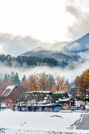 GIFU, JAPAN - NOVEMBER 26 : Gassho-zukuri house unique architecture in Shirakawa village, the UNESCO World heritage place, in early winter season in Gifu, Japan, on November 26, 2017.のeditorial素材
