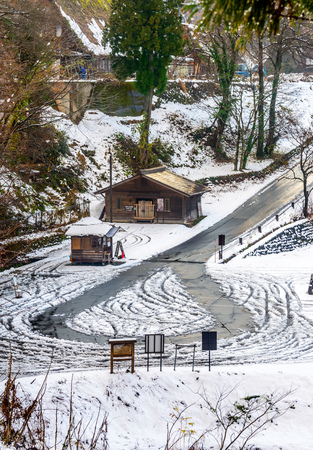 GIFU, JAPAN - NOVEMBER 26 : Gassho-zukuri house unique architecture in Shirakawa village, the UNESCO World heritage place, in early winter season in Gifu, Japan, on November 26, 2017.のeditorial素材