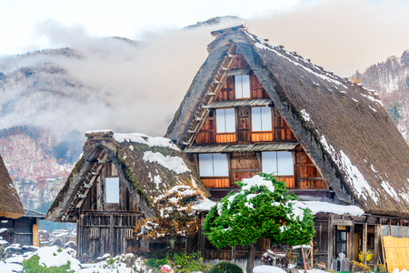 GIFU, JAPAN - NOVEMBER 26 : Gassho-zukuri house unique architecture in Shirakawa village, the UNESCO World heritage place, in early winter season in Gifu, Japan, on November 26, 2017.のeditorial素材