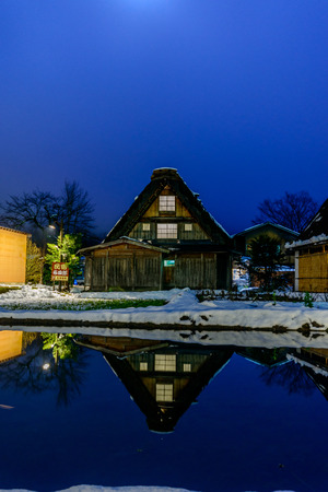 GIFU, JAPAN - NOVEMBER 26 : Gassho-zukuri house unique architecture in Shirakawa village, the UNESCO World heritage place, in early winter season in Gifu, Japan, on November 26, 2017.のeditorial素材