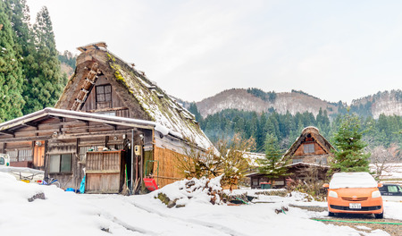 GIFU, JAPAN - NOVEMBER 26 : Gassho-zukuri house unique architecture in Shirakawa village, the UNESCO World heritage place, in early winter season in Gifu, Japan, on November 26, 2017.のeditorial素材