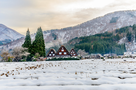 GIFU, JAPAN - NOVEMBER 26 : Gassho-zukuri house unique architecture in Shirakawa village, the UNESCO World heritage place, in early winter season in Gifu, Japan, on November 26, 2017.のeditorial素材