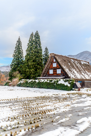 GIFU, JAPAN - NOVEMBER 26 : Gassho-zukuri house unique architecture in Shirakawa village, the UNESCO World heritage place, in early winter season in Gifu, Japan, on November 26, 2017.のeditorial素材