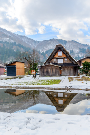 GIFU, JAPAN - NOVEMBER 26 : Gassho-zukuri house unique architecture in Shirakawa village, the UNESCO World heritage place, in early winter season in Gifu, Japan, on November 26, 2017.のeditorial素材