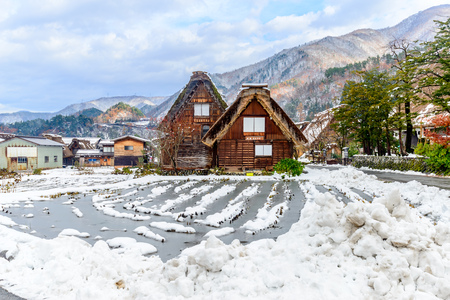GIFU, JAPAN - NOVEMBER 26 : Gassho-zukuri house unique architecture in Shirakawa village, the UNESCO World heritage place, in early winter season in Gifu, Japan, on November 26, 2017.のeditorial素材