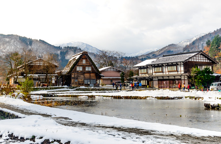 Gassho-zukuri house unique architecture in Shirakawa village, the UNESCO World heritage place, in early winter season in Gifu, Japanのeditorial素材