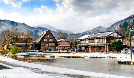 Gassho-zukuri house unique architecture in Shirakawa village, the UNESCO World heritage place, in early winter season in Gifu, Japanのeditorial素材