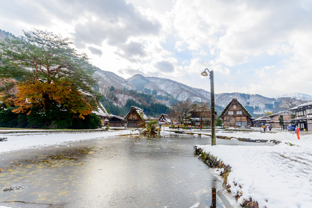 Gassho-zukuri house unique architecture in Shirakawa village, the UNESCO World heritage place, in early winter season in Gifu, Japanのeditorial素材