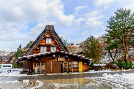 Gassho-zukuri house unique architecture in Shirakawa village, the UNESCO World heritage place, in early winter season in Gifu, Japanのeditorial素材