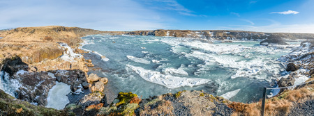 Urridafoss, the most voluminous waterfall in the country, at south near main road of Iceland in winter seasonの写真素材