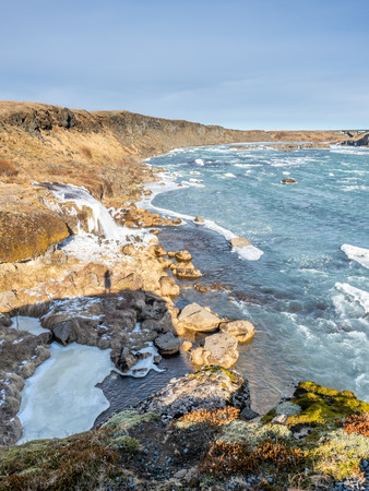 Urridafoss, the most voluminous waterfall in the country, at south near main road of Iceland in winter seasonの写真素材