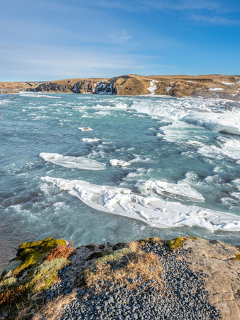 Urridafoss, the most voluminous waterfall in the country, at south near main road of Iceland in winter seasonの写真素材