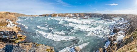 Urridafoss, the most voluminous waterfall in the country, at south near main road of Iceland in winter seasonの写真素材