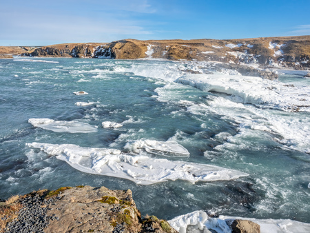 Urridafoss, the most voluminous waterfall in the country, at south near main road of Iceland in winter seasonの写真素材