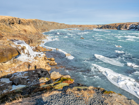 Urridafoss, the most voluminous waterfall in the country, at south near main road of Iceland in winter seasonの写真素材