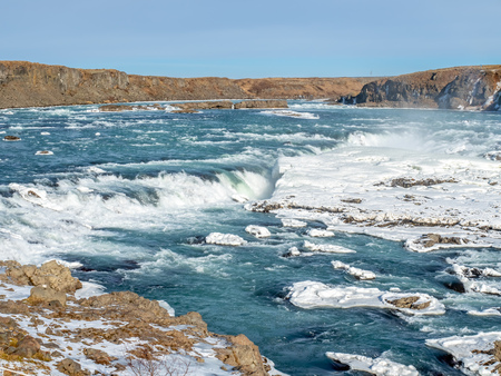 Urridafoss, the most voluminous waterfall in the country, at south near main road of Iceland in winter seasonの写真素材