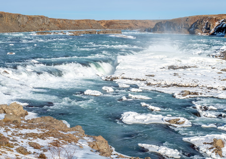 Urridafoss, the most voluminous waterfall in the country, at south near main road of Iceland in winter seasonの写真素材