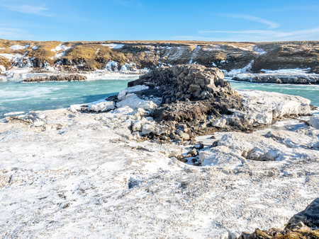 Urridafoss, the most voluminous waterfall in the country, at south near main road of Iceland in winter seasonの写真素材