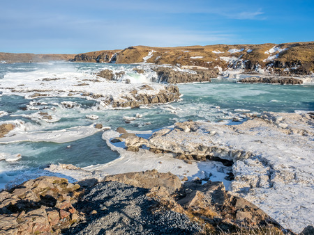 Urridafoss, the most voluminous waterfall in the country, at south near main road of Iceland in winter seasonの写真素材