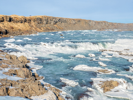 Urridafoss, the most voluminous waterfall in the country, at south near main road of Iceland in winter seasonの写真素材