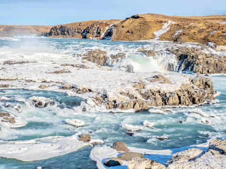 Urridafoss, the most voluminous waterfall in the country, at south near main road of Iceland in winter seasonの写真素材