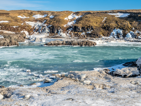Urridafoss, the most voluminous waterfall in the country, at south near main road of Iceland in winter seasonの写真素材