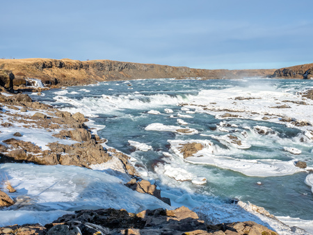 Urridafoss, the most voluminous waterfall in the country, at south near main road of Iceland in winter seasonの写真素材