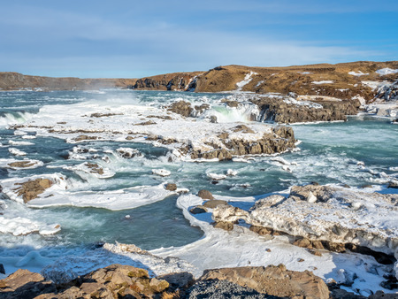 Urridafoss, the most voluminous waterfall in the country, at south near main road of Iceland in winter seasonの写真素材