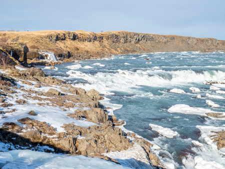Urridafoss, the most voluminous waterfall in the country, at south near main road of Iceland in winter seasonの写真素材