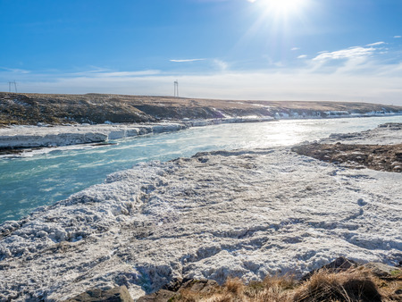Urridafoss, the most voluminous waterfall in the country, at south near main road of Iceland in winter seasonの写真素材
