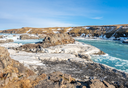 Urridafoss, the most voluminous waterfall in the country, at south near main road of Iceland in winter seasonの写真素材