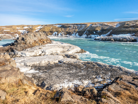 Urridafoss, the most voluminous waterfall in the country, at south near main road of Iceland in winter seasonの写真素材
