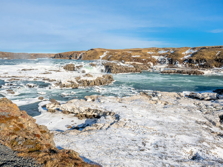 Urridafoss, the most voluminous waterfall in the country, at south near main road of Iceland in winter seasonの写真素材