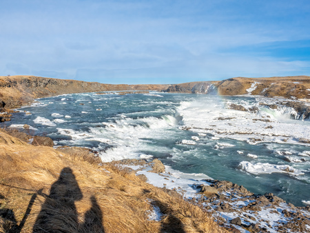 Urridafoss, the most voluminous waterfall in the country, at south near main road of Iceland in winter seasonの写真素材