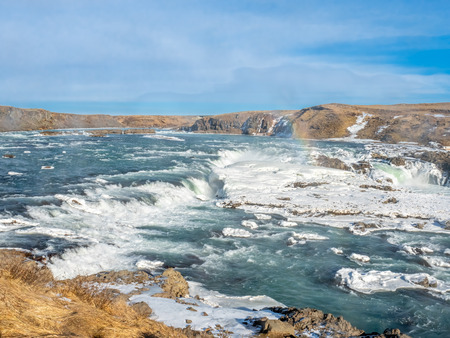 Urridafoss, the most voluminous waterfall in the country, at south near main road of Iceland in winter seasonの写真素材