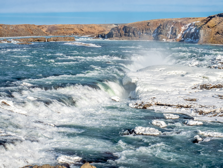 Urridafoss, the most voluminous waterfall in the country, at south near main road of Iceland in winter seasonの写真素材