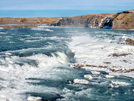 Urridafoss, the most voluminous waterfall in the country, at south near main road of Iceland in winter seasonの写真素材