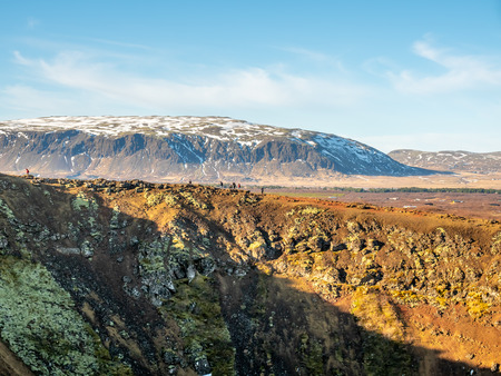 Scenic view around Kerid crater in winter season along golden circle road trip in Icelandの写真素材