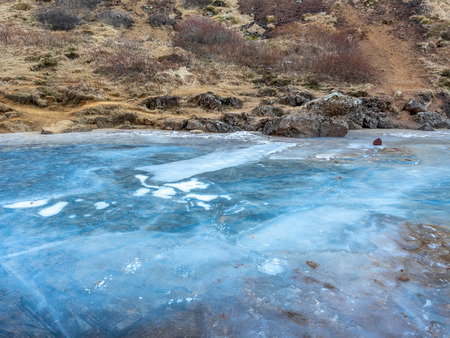 Lake becomes ice in winter season at Kerid crater, Icelandの写真素材