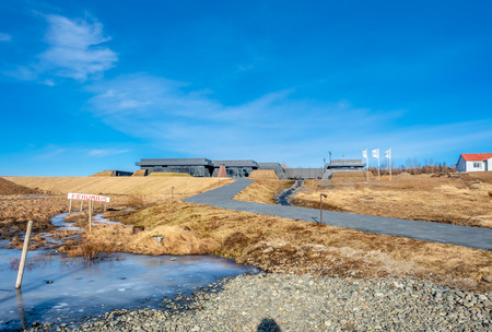 REYKHOLT, ICELAND - MARCH 8 : The KRAUMA geothermal nature baths building in Deildartunguhver hot spring near Reykholt city, Iceland, on March 8, 2018.の写真素材