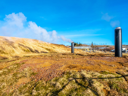 Heat from underground stream over land in Deildartunguhver, the most powerful hot spring in Europe, located in Icelandの写真素材