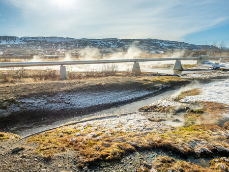 Beautiful scene in winter season around Deildartunguhver, the most power ful hot spring in Europe, underground heat energy for many cities in Icelandの写真素材