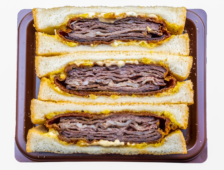 Beef meat sandwiches, delicous famous Japanese style fast food, pack in plastic set, isolated on white backgroundの写真素材