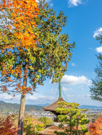 Arashiyama cityscape viewpoint with autumn tree forest under cloudy blue sky with mountains in background and landmark Japanese style pagoda, Japanのeditorial素材